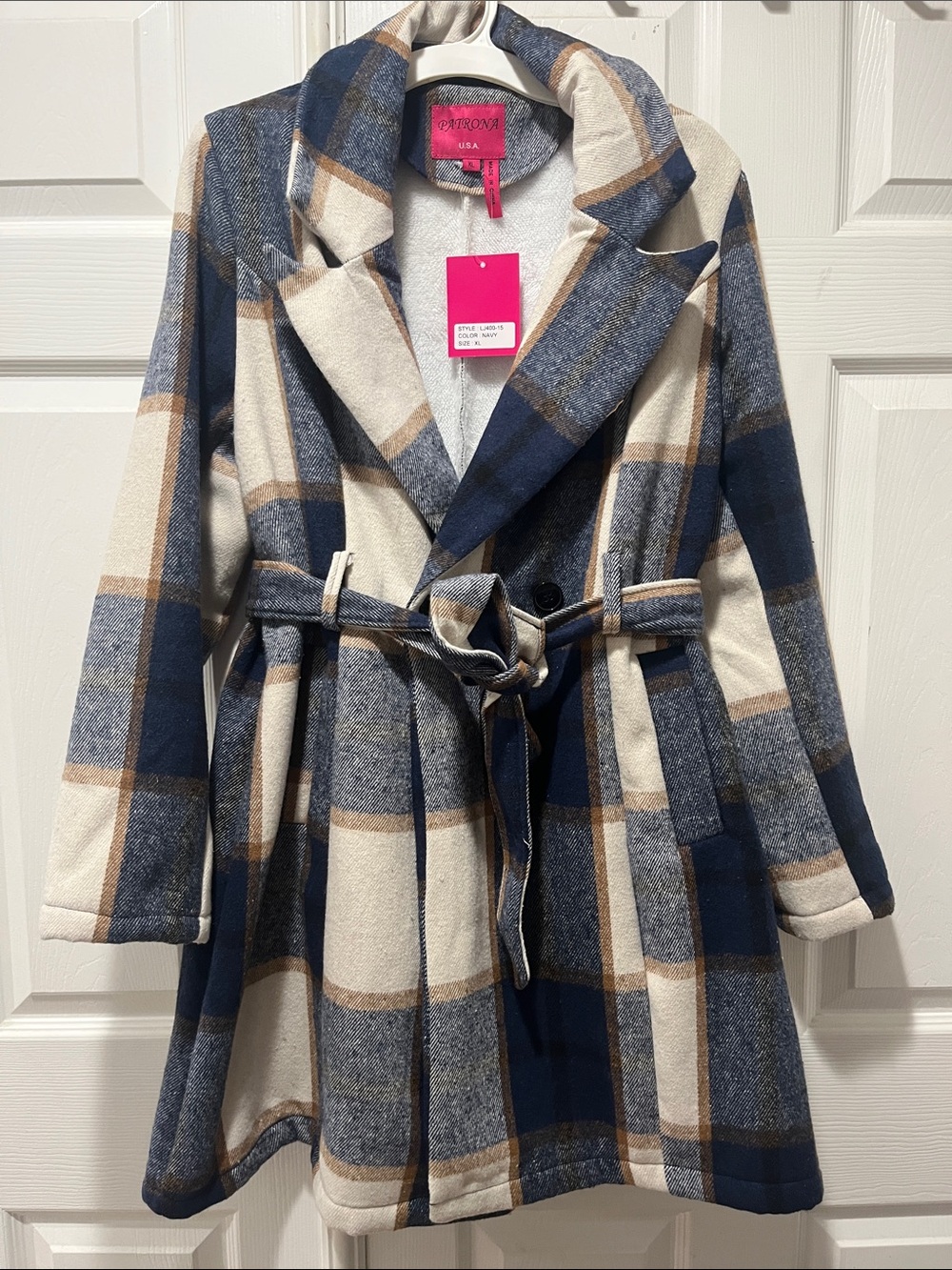 Women Navy, Cream & Tan Plaid Belted Coat